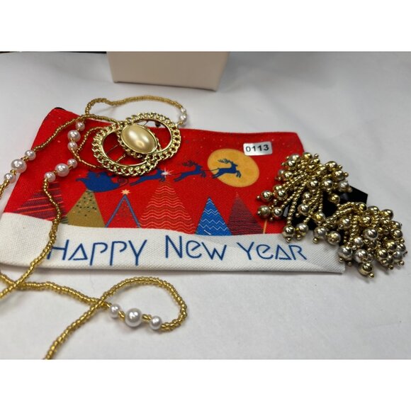 Gold & Pearl Jewelry Set - Necklace Earrings & Brooch In Festive Pouch - Picture 3 of 3